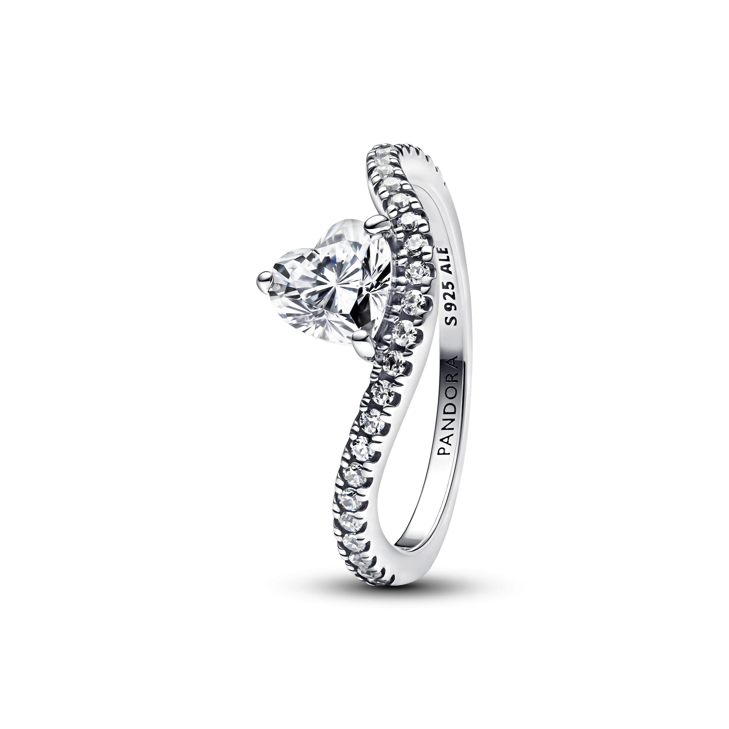 Wave heart sterling silver ring with clear cubic zirconia
