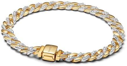 Cuban chain sterling silver and 14k gold-plated bracelet with clear cubic zirconia