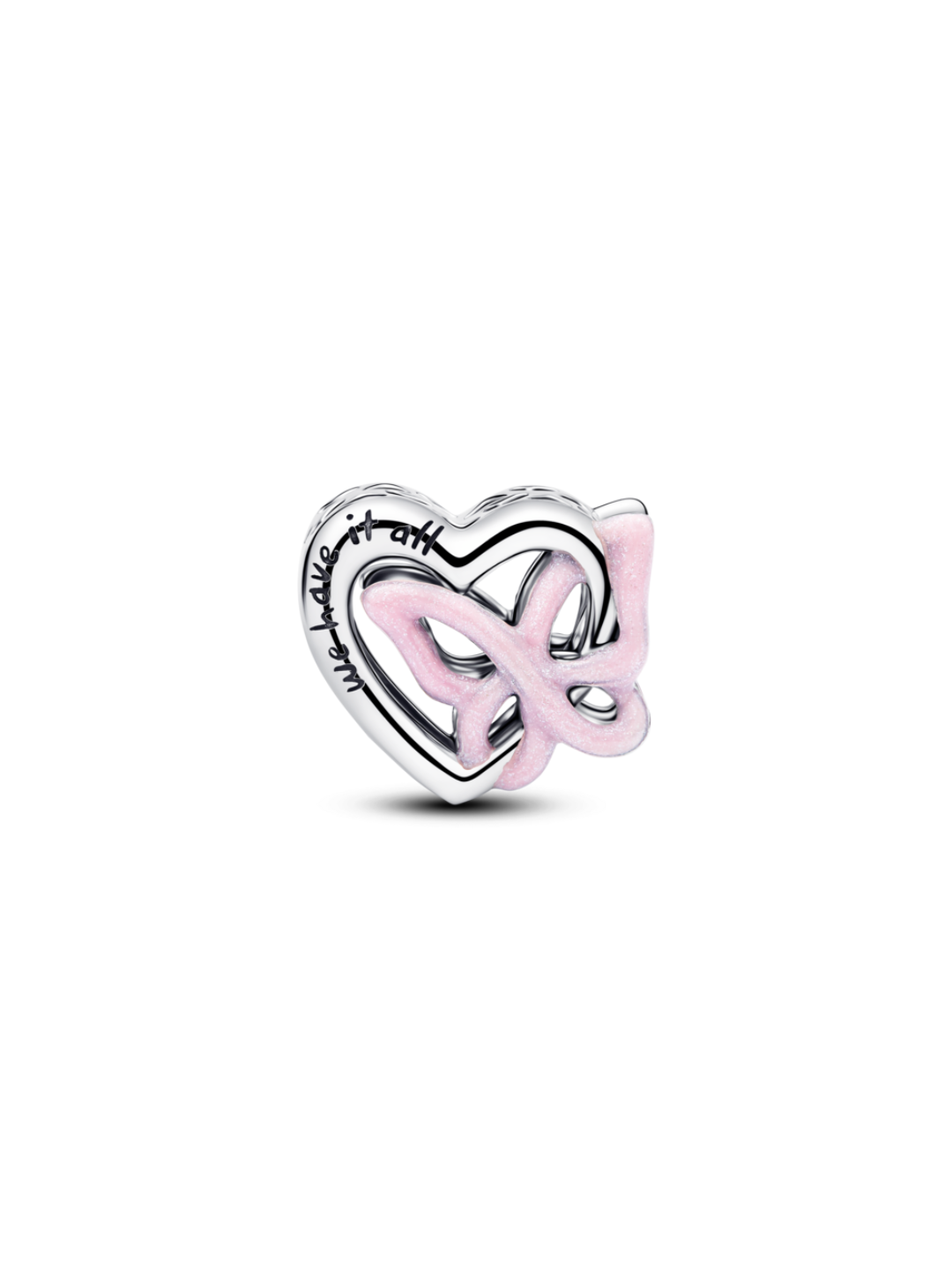 Heart and butterfly sterling silver charm with glittery pink enamel