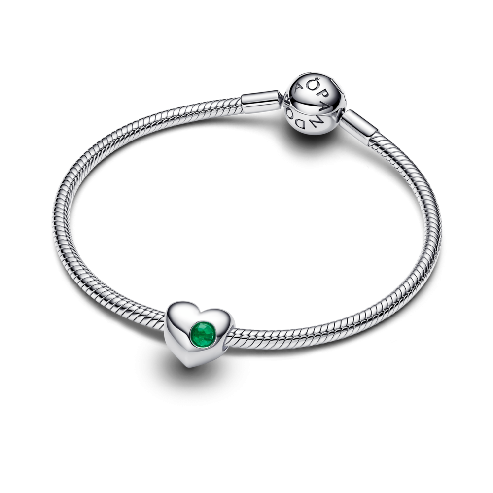 Engravable heart sterling silver charm with royal green crystal