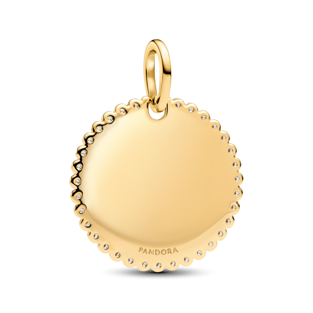 Engravable round 14k gold-plated pendant with clear cubic zirconia