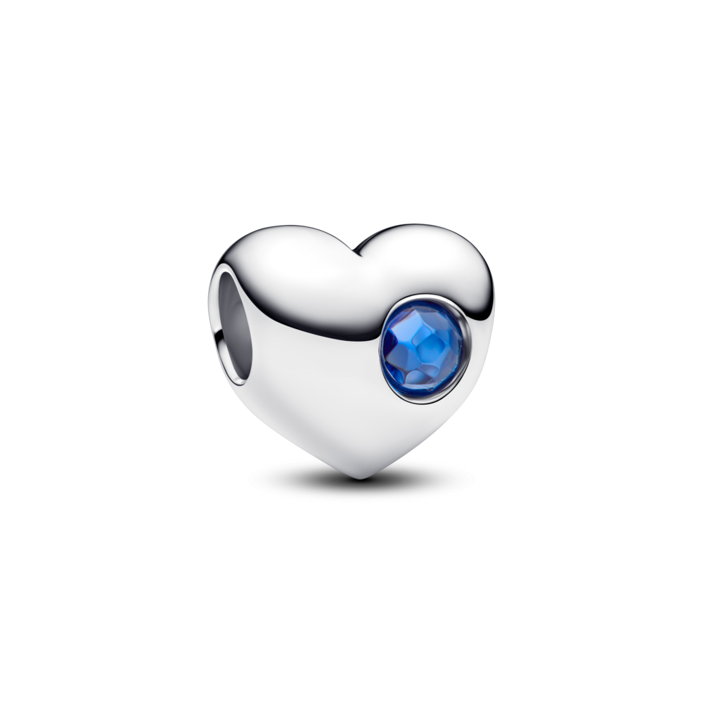 Engravable heart sterling silver charm with princess blue crystal