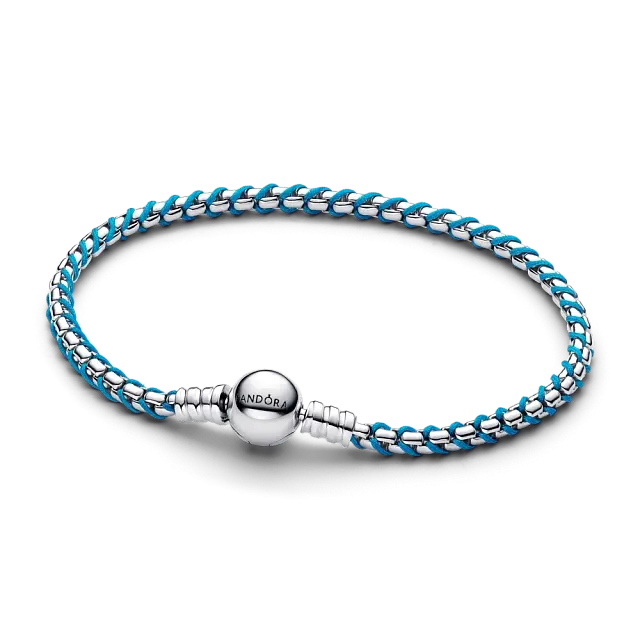 Braided sterling silver box chain bracelet with turquoise textile cord