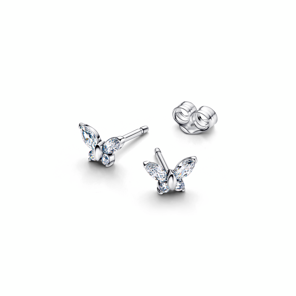 Butterfly sterling silver stud earrings with clear cubic zirconia