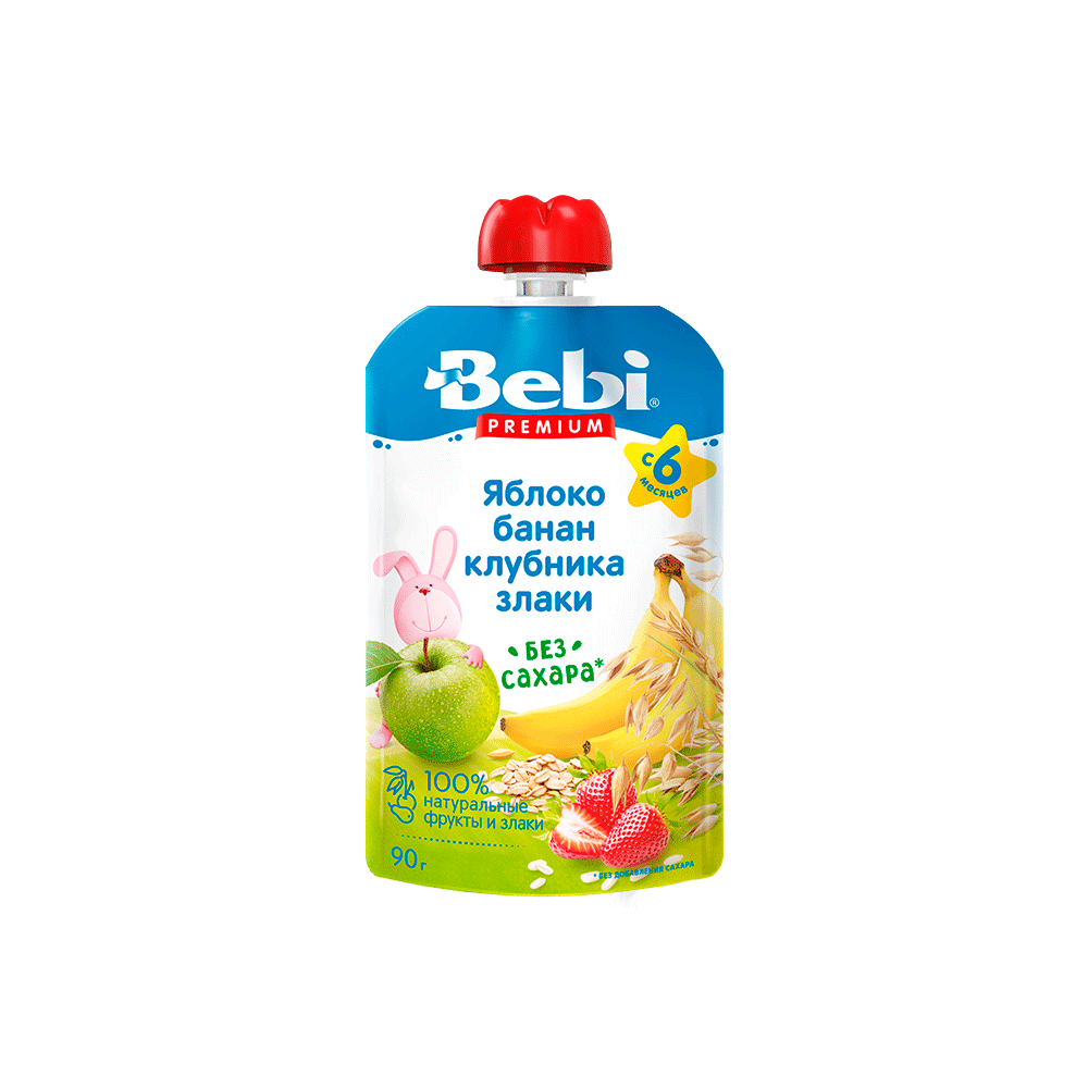 Пюре BEBI фруктовое, яблоко, банан, клубника, злаки, 90 гр