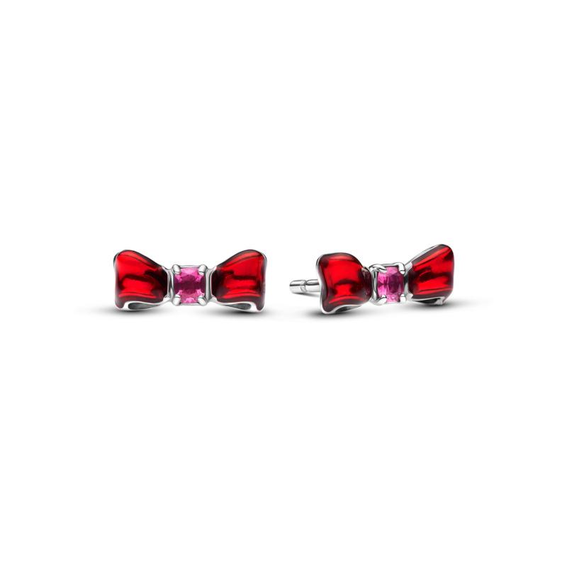 Disney Snow White bow sterling silver stud earrings with fuchsia rose crystal and red enamel