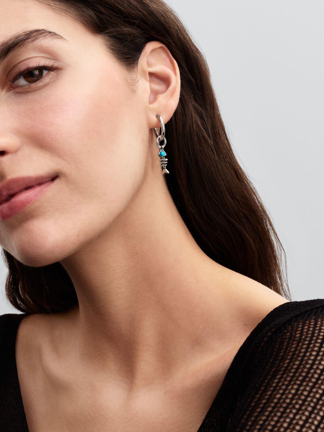 Fishbone sterling silver dangle with clear cubic zirconia and imitation turquoise