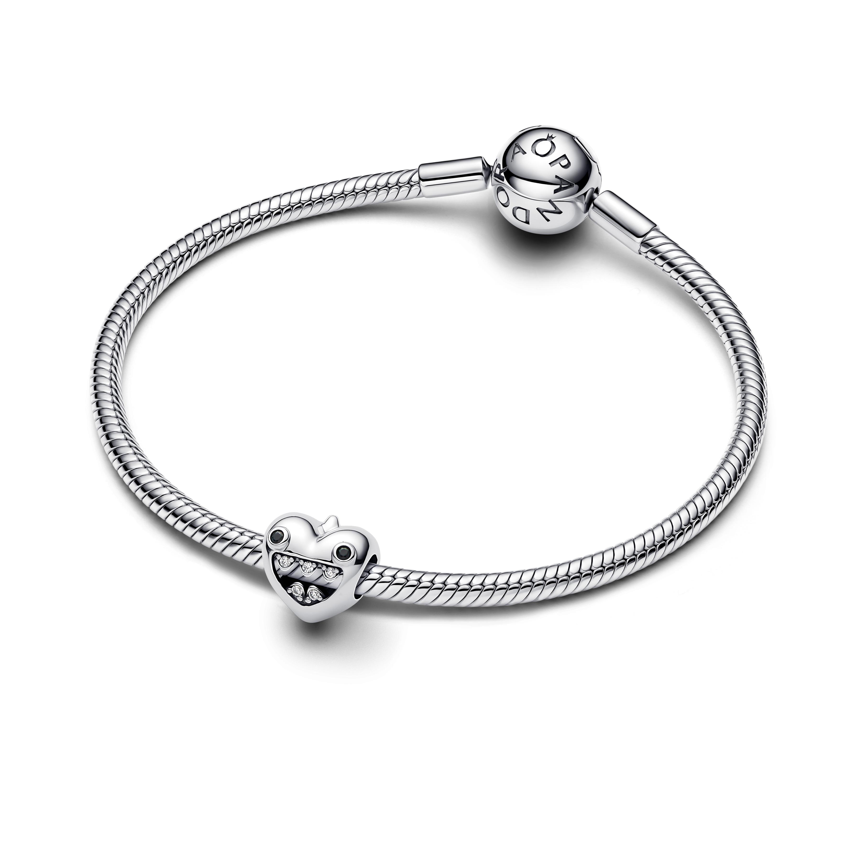 Mum of monsters heart sterling silver charm with black crystal and clear cubic zirconia