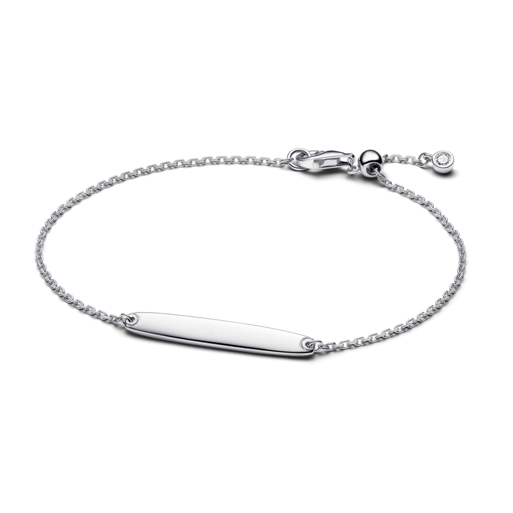 Engravable sterling silver bar bracelet with clear cubic zirconia