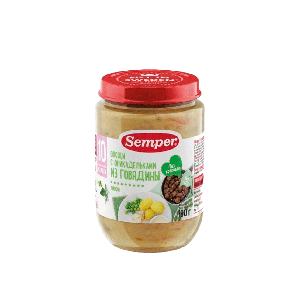 Пюре Semper, овощи с фрикадельками из говядины, 190 гр