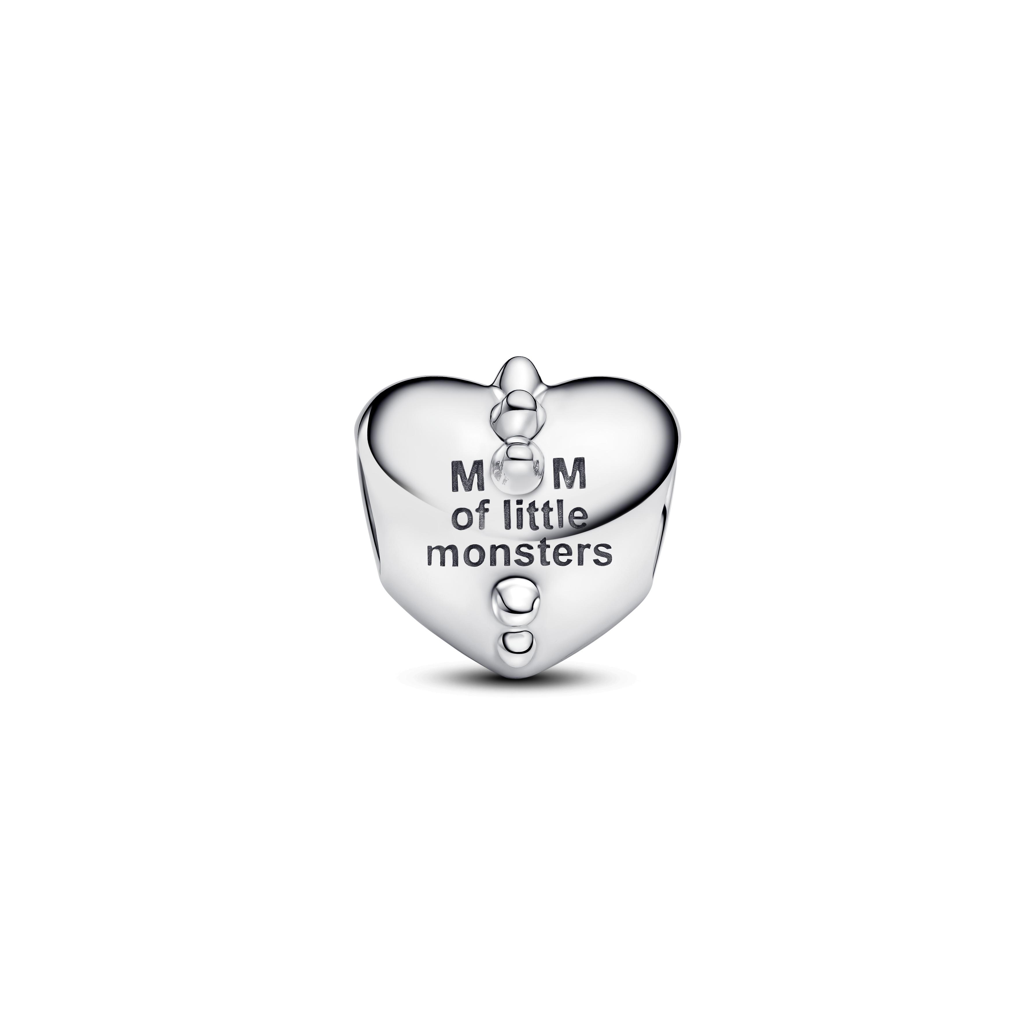 Mum of monsters heart sterling silver charm with black crystal and clear cubic zirconia