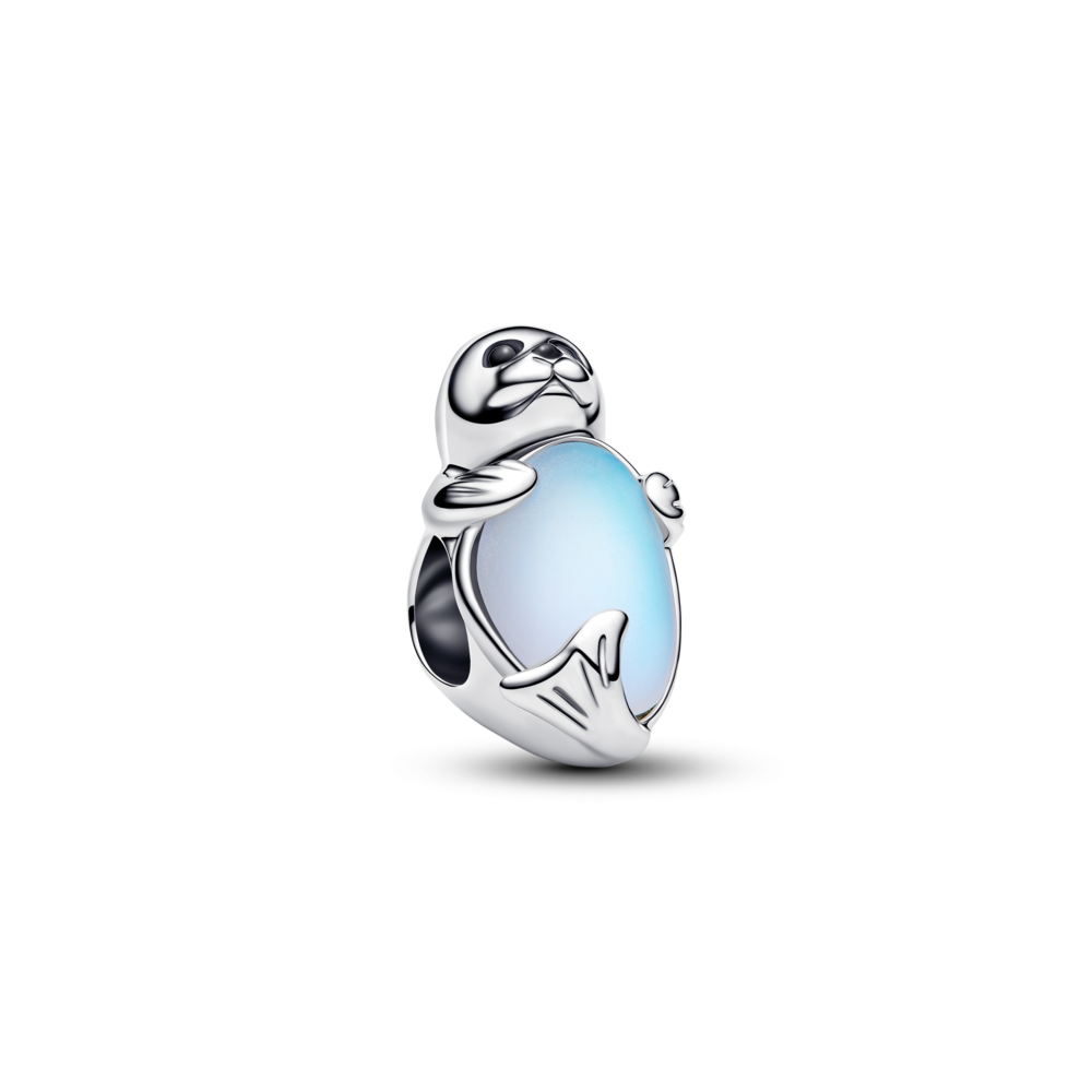 Seal sterling silver charm with black crystal, black enamel and moonstone iridescent glass Seal sterling silver charm with black crystal, black enamel and moonstone iridescent glass