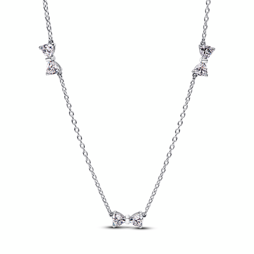 Bow sterling silver station chain necklace with clear cubic zirconia and sliding clasp Bow sterling silver station chain necklace with clear cubic zirconia and sliding clasp