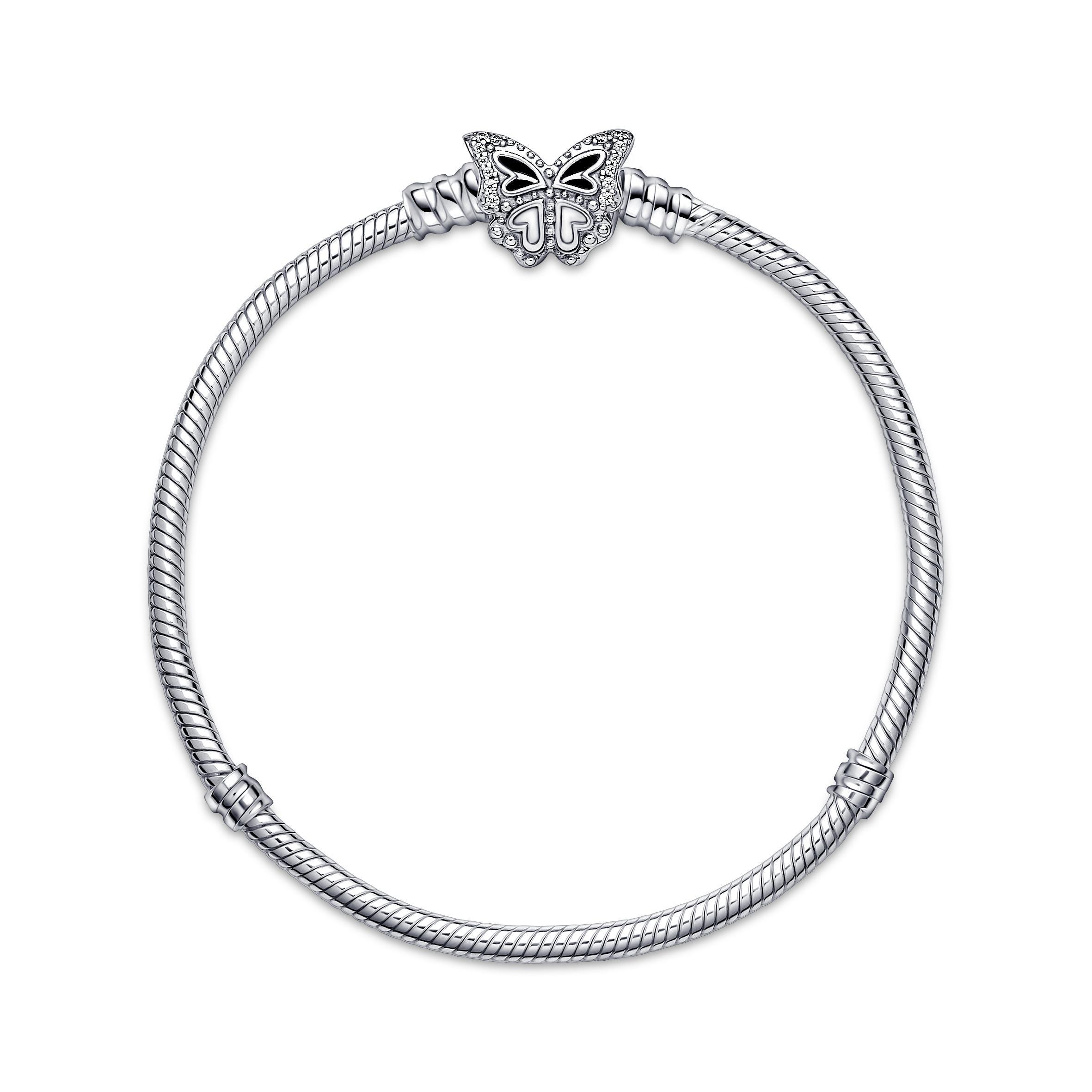 Браслет змейка из стерлингового серебра и застежкой-бабочкой с прозрачным кубическим цирконием