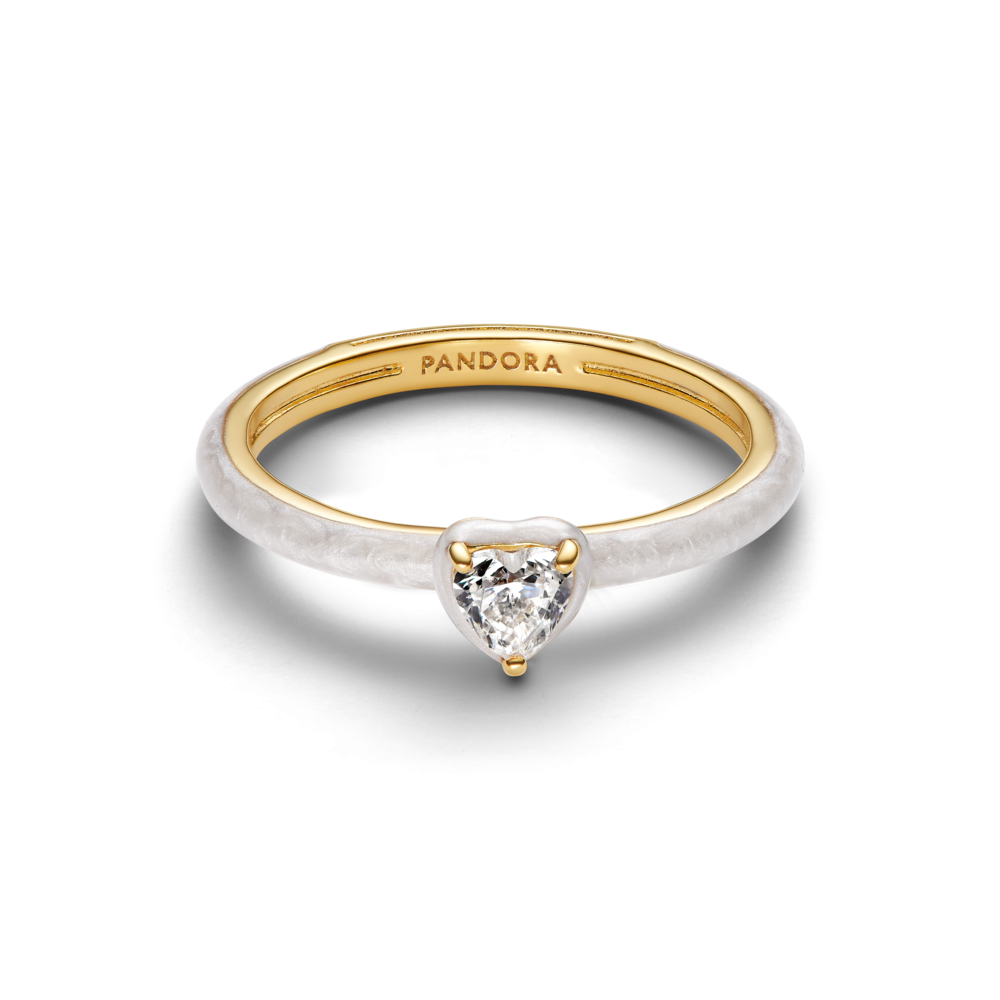Heart 14k gold-plated ring with clear cubic zirconia and shimmering white enamel