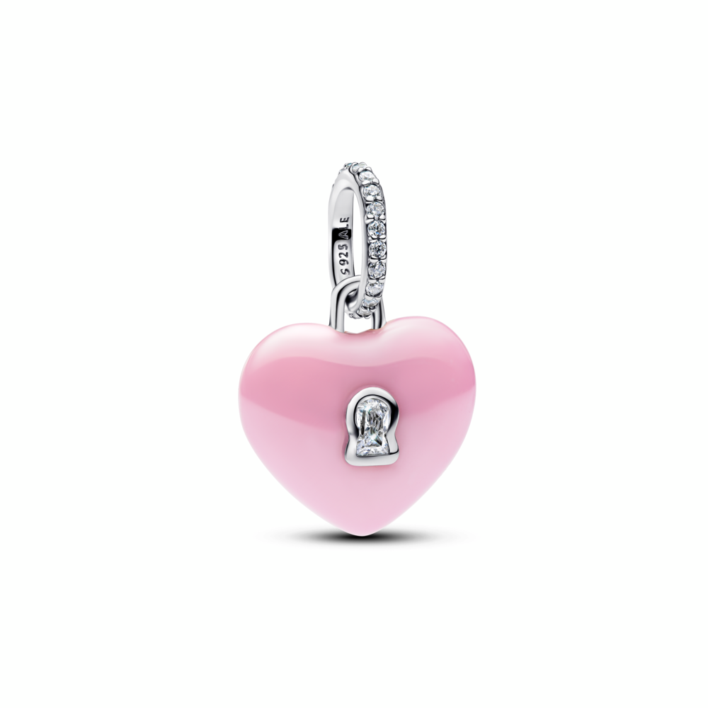 Heart padlock sterling silver dangle with pink ceramic and clear cubic zirconia