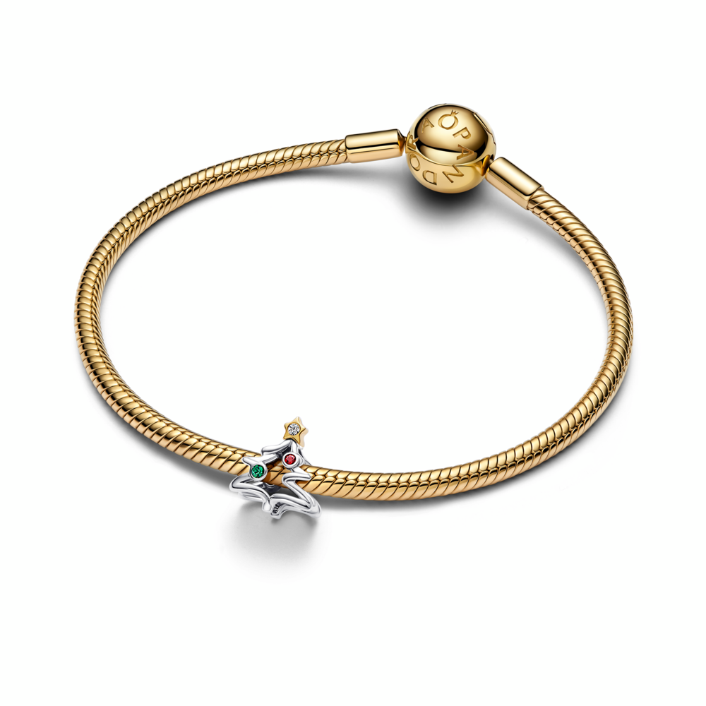 Christmas tree sterling silver and 14k gold-plated charm with clear cubic zirconia, salsa red and royal green crystal
