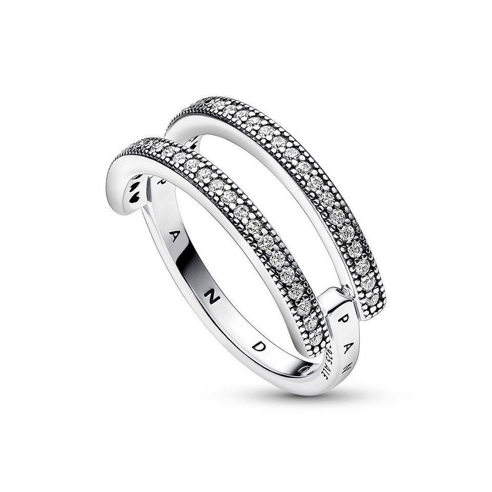 Серебряное кольцо PANDORA с логотипом и прозрачным кубическим цирконием