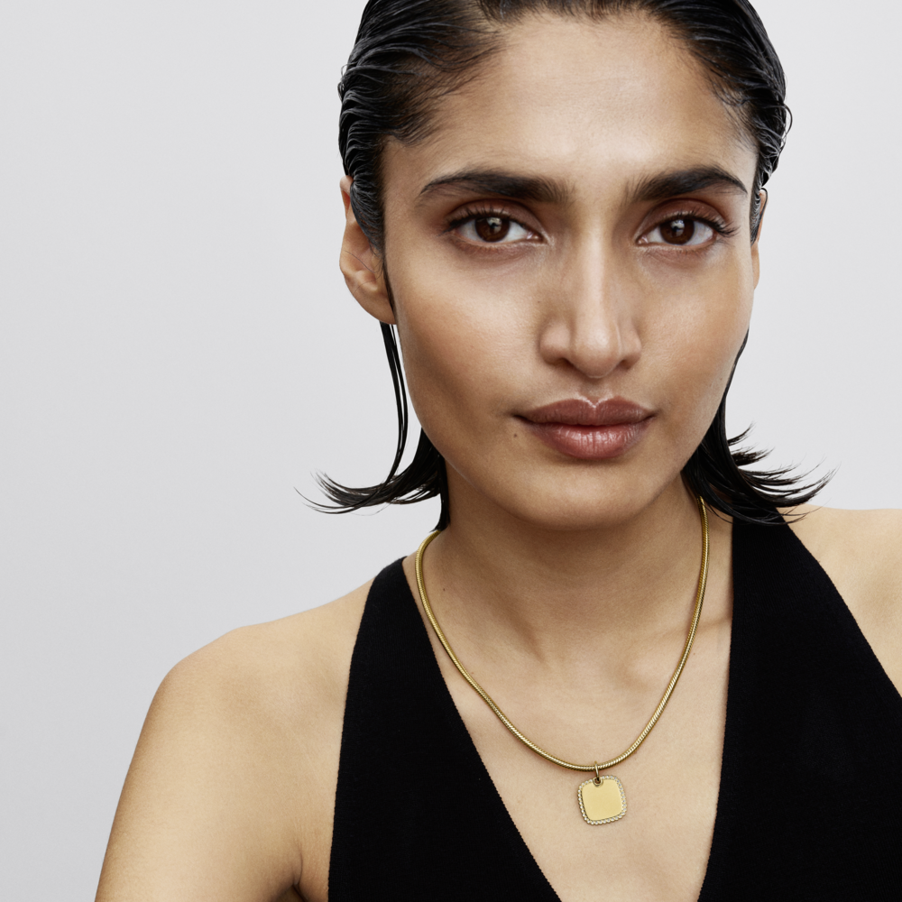 Engravable square 14k gold-plated pendant with clear cubic zirconia