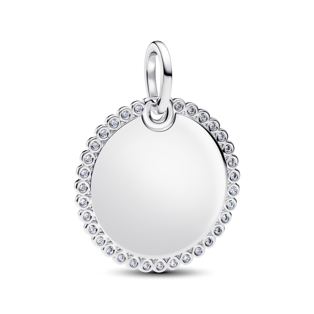 Engravable round sterling silver pendant with clear cubic zirconia