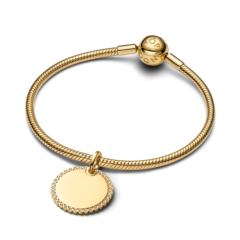 Engravable round 14k gold-plated pendant with clear cubic zirconia
