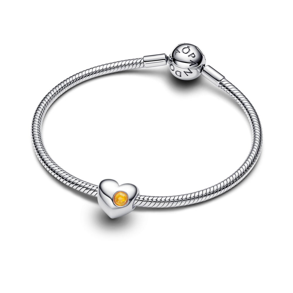 Engravable heart sterling silver charm with honey coloured crystal
