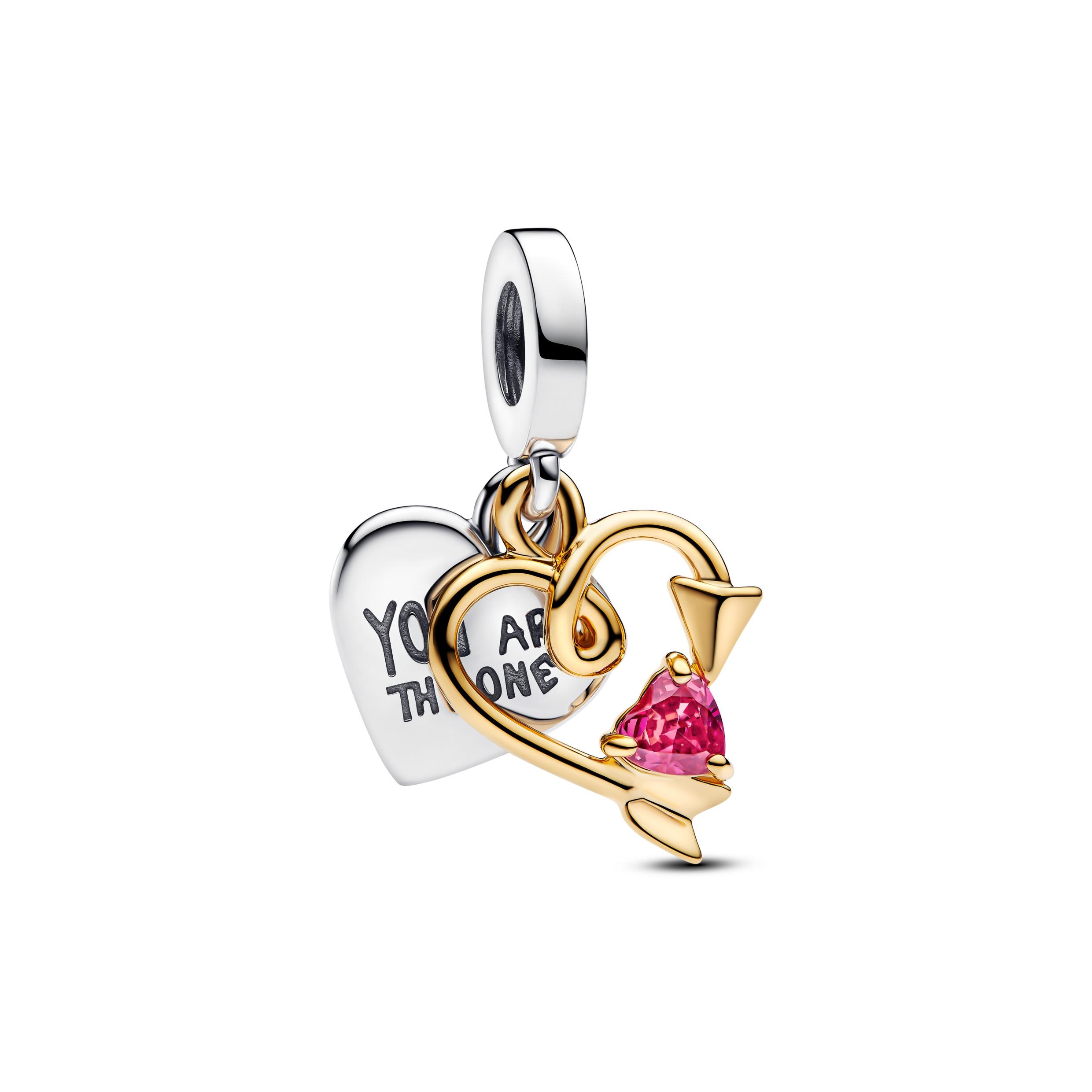 Engravable heart and arrow sterling silver and 14k gold-plated double dangle with red cubic zirconia