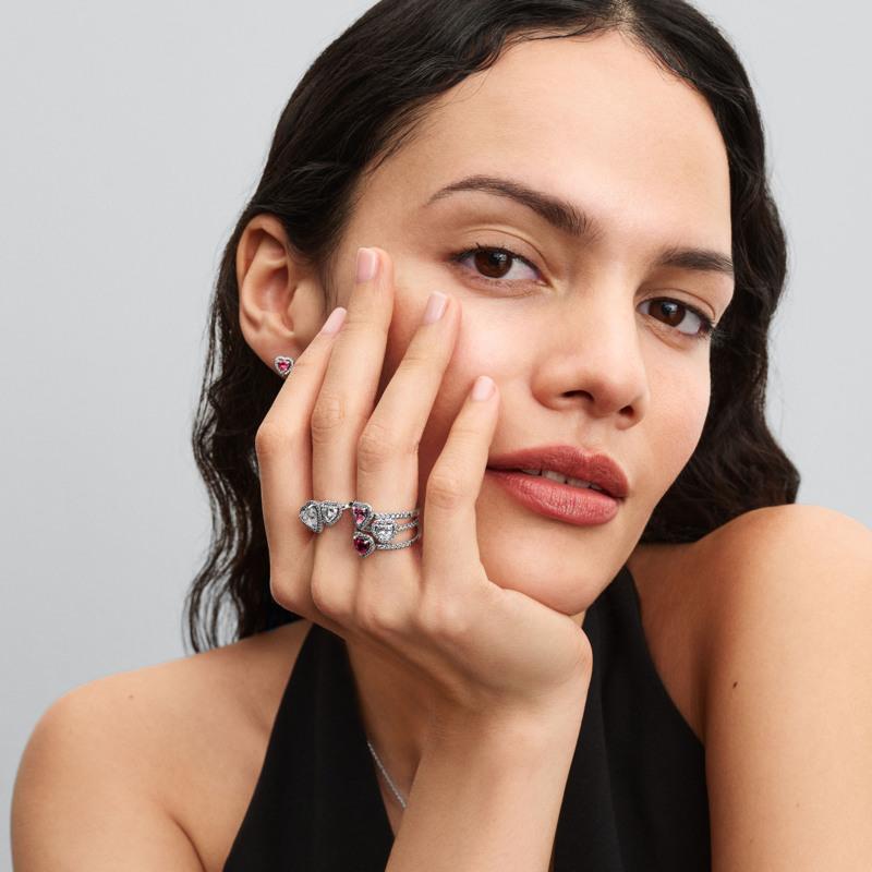 Heart sterling silver ring with fancy pink and clear cubic zirconia