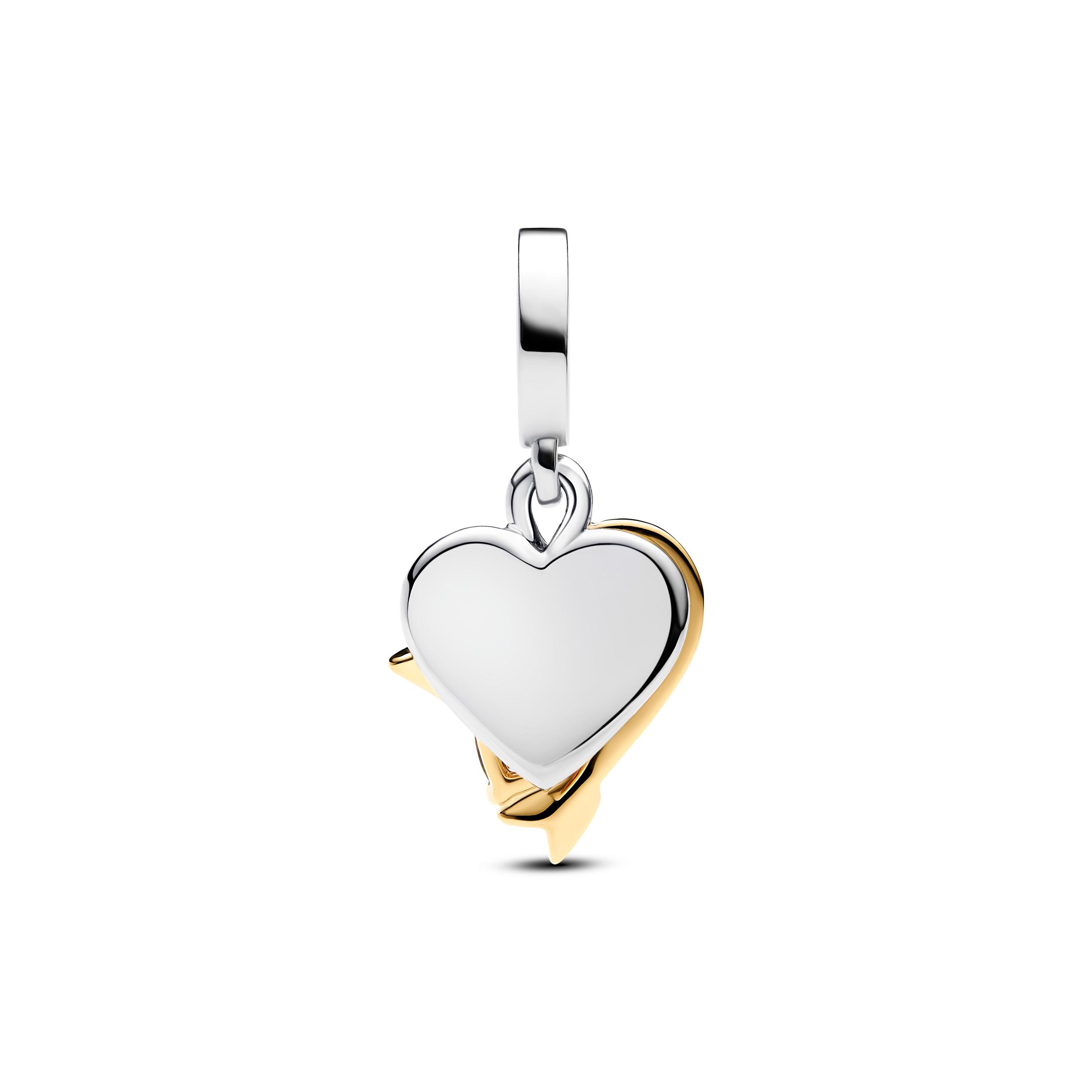 Engravable heart and arrow sterling silver and 14k gold-plated double dangle with red cubic zirconia