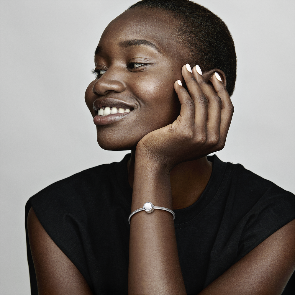 Engravable sterling silver charm with clear cubic zirconia