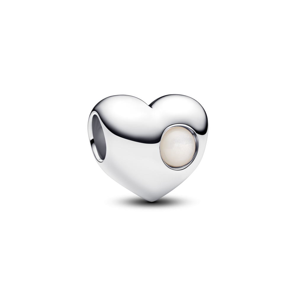 Engravable heart sterling silver charm with bioresin man-made mother of pearl