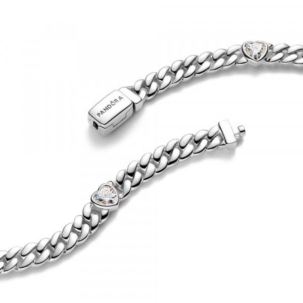 Heart cuban chain sterling silver bracelet with clear cubic zirconia