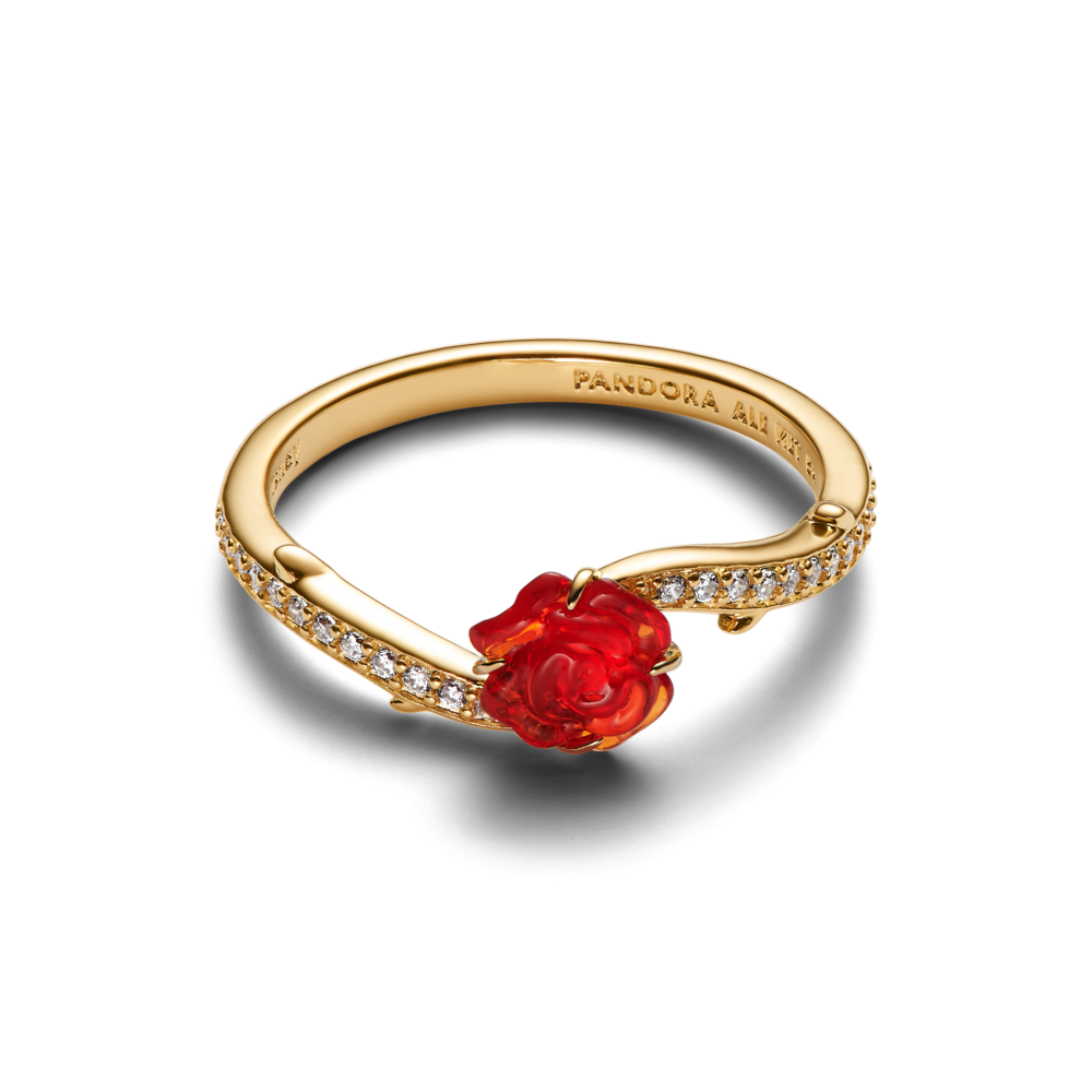 Disney Beauty and The Beast Rose 14k gold-plated ring with clear cubic zirconia and red Murano glass