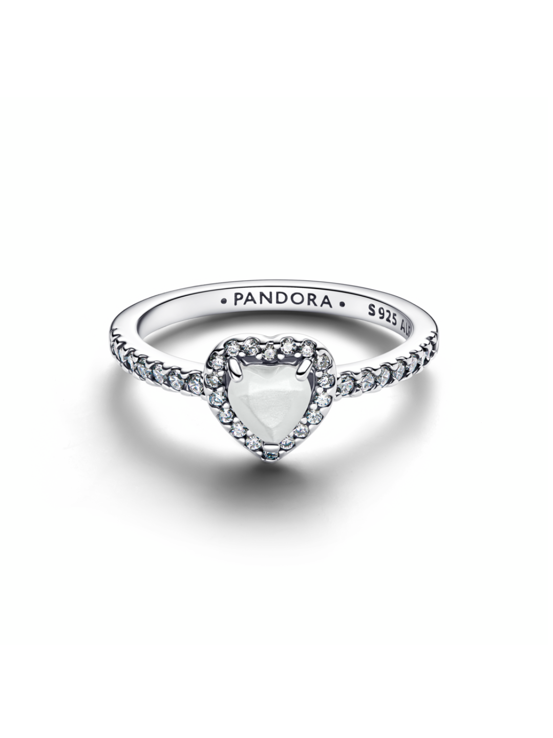 Heart sterling silver ring with white bioresin man-made mother of pearl  and clear cubic zirconia