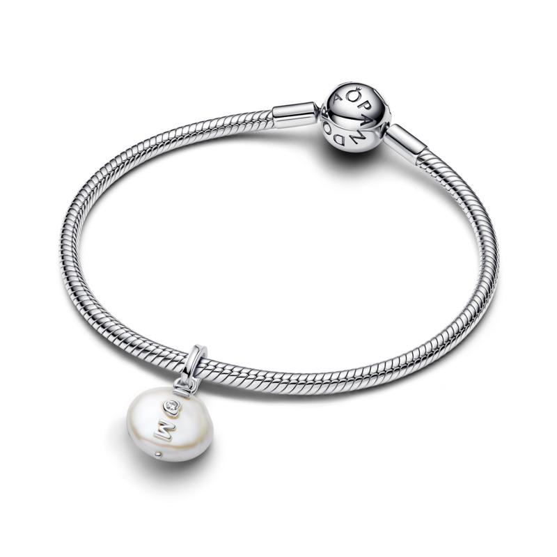 Mum sterling silver dangle with white treated freshwater cultured baroque pearl and clear cubic zirconia