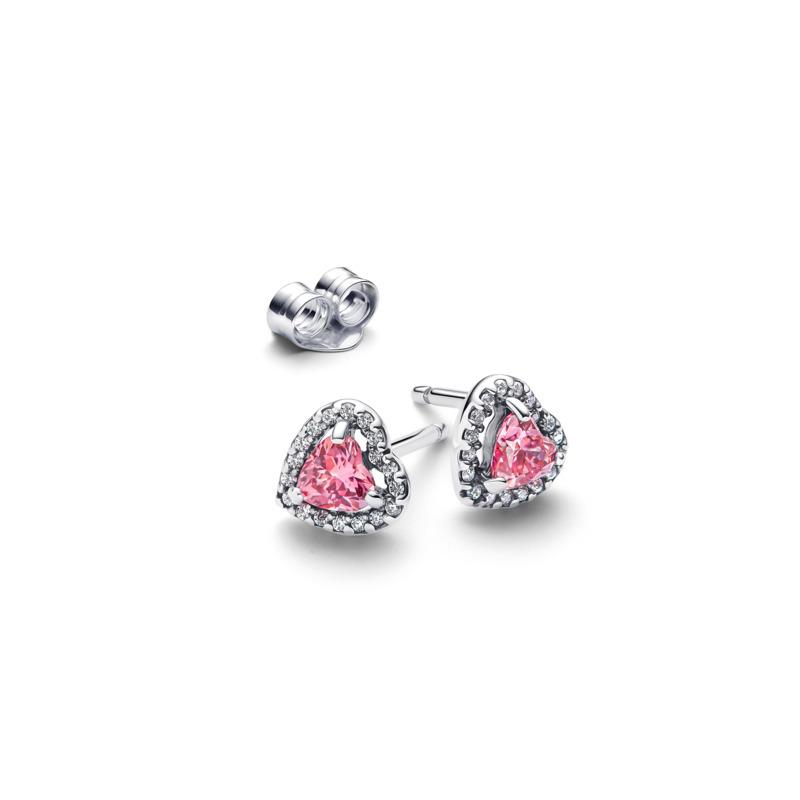 Heart sterling silver stud earrings with fancy pink and clear cubic zirconia