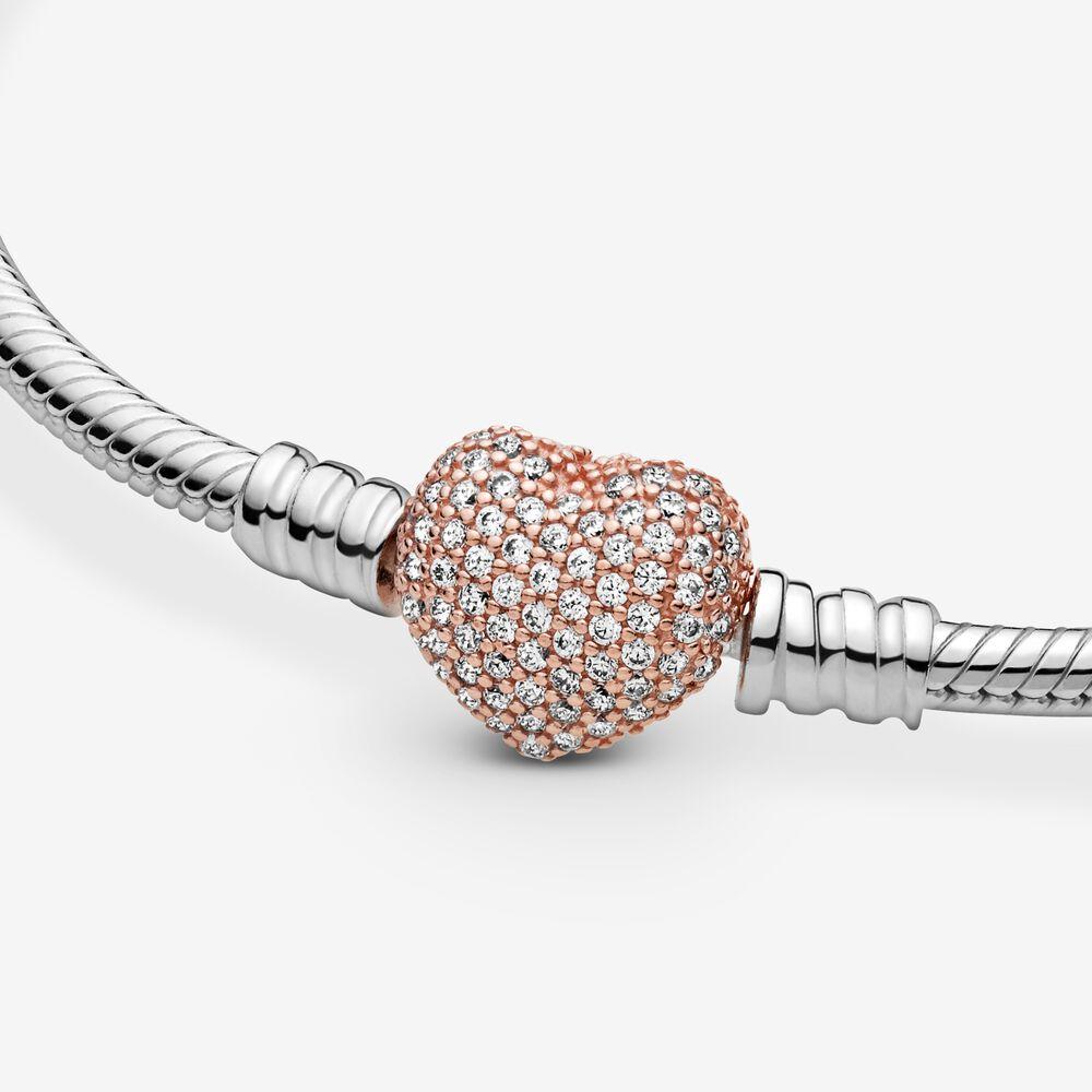Snake chain silver bracelet with 14k rose gold-plated heart clasp and clear cubic zirconia Snake chain silver bracelet with 14k rose gold-plated heart clasp and clear cubic zirconia