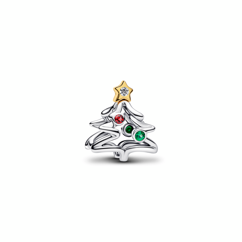 Christmas tree sterling silver and 14k gold-plated charm with clear cubic zirconia, salsa red and royal green crystal