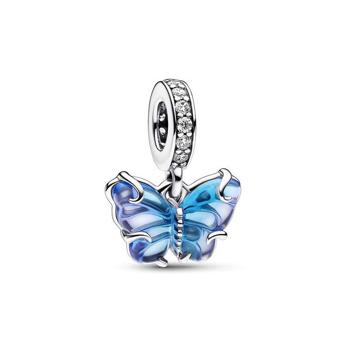 Butterfly sterling silver dangle with bi-colour blue Murano glass and clear cubic zirconia