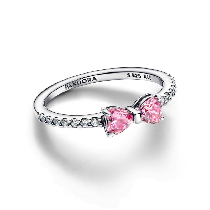 Bow sterling silver ring with fancy pink and clear cubic zirconia