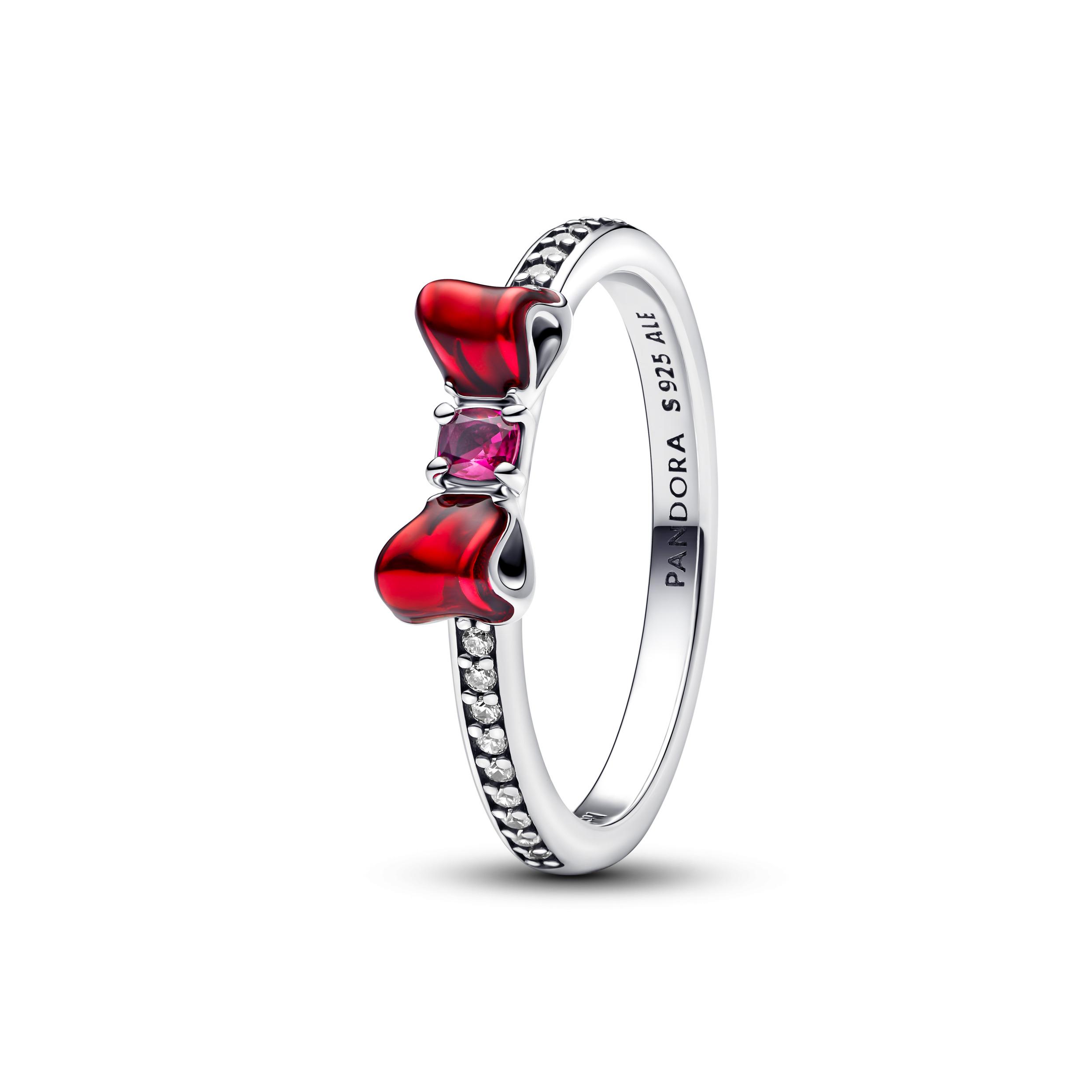 Disney Snow White bow sterling silver ring with fuchsia rose crystal, clear cubic zirconia and red enamel