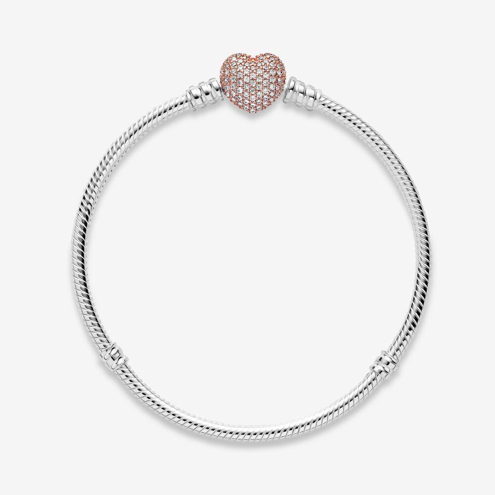 Snake chain silver bracelet with 14k rose gold-plated heart clasp and clear cubic zirconia Snake chain silver bracelet with 14k rose gold-plated heart clasp and clear cubic zirconia