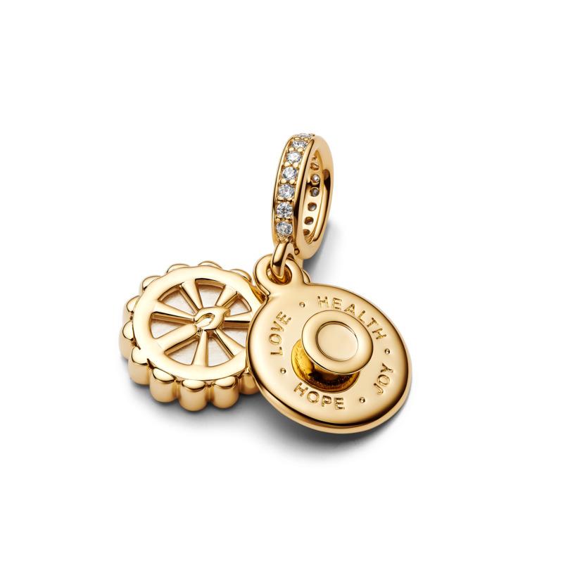 Happy Bday 14k gold-plated dangle with white bioresin man-made mother of pearl and clear cubic zirconia