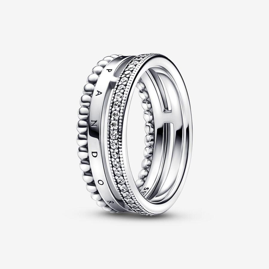 Серебряное кольцо PANDORA с логотипом и прозрачным кубическим цирконием