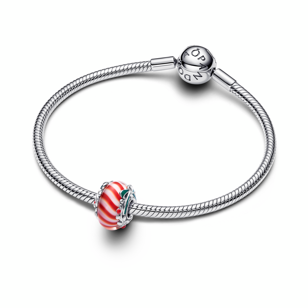 Candy sterling silver charm with red and white Murano glass, shimmering white, red and green enamel Candy sterling silver charm with red and white Murano glass, shimmering white, red and green enamel