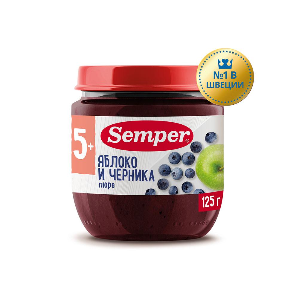 Пюре Semper яблоко черника 5м+ 125 гр